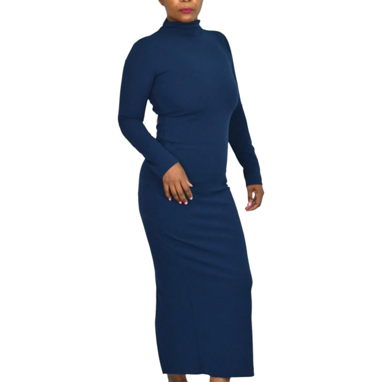 Zara Open Back Dress Blue Navy Crepe High Neck Long Sleeves Midi Column Straight Bodycon Size Small