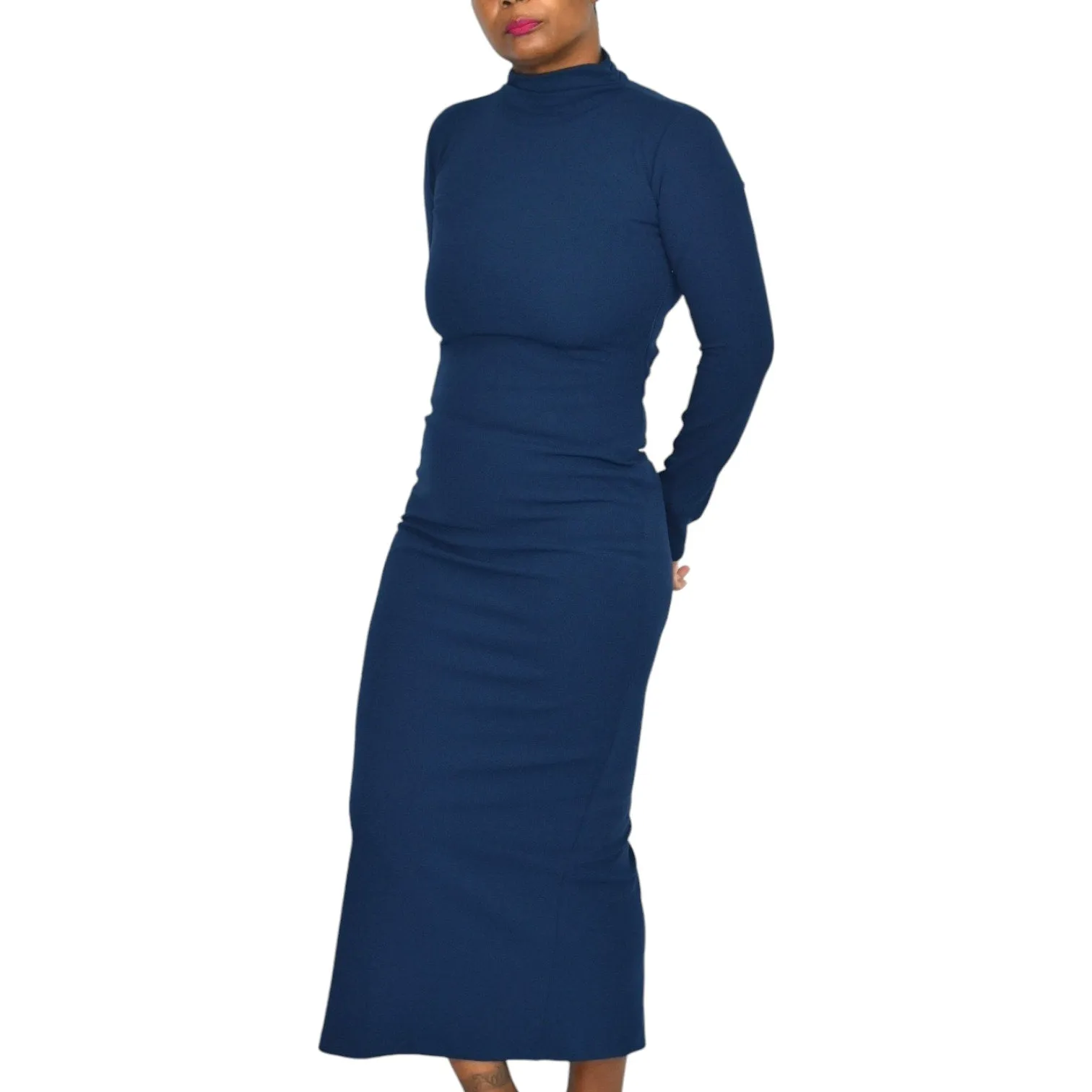 Zara Open Back Dress Blue Navy Crepe High Neck Long Sleeves Midi Column Straight Bodycon Size Small